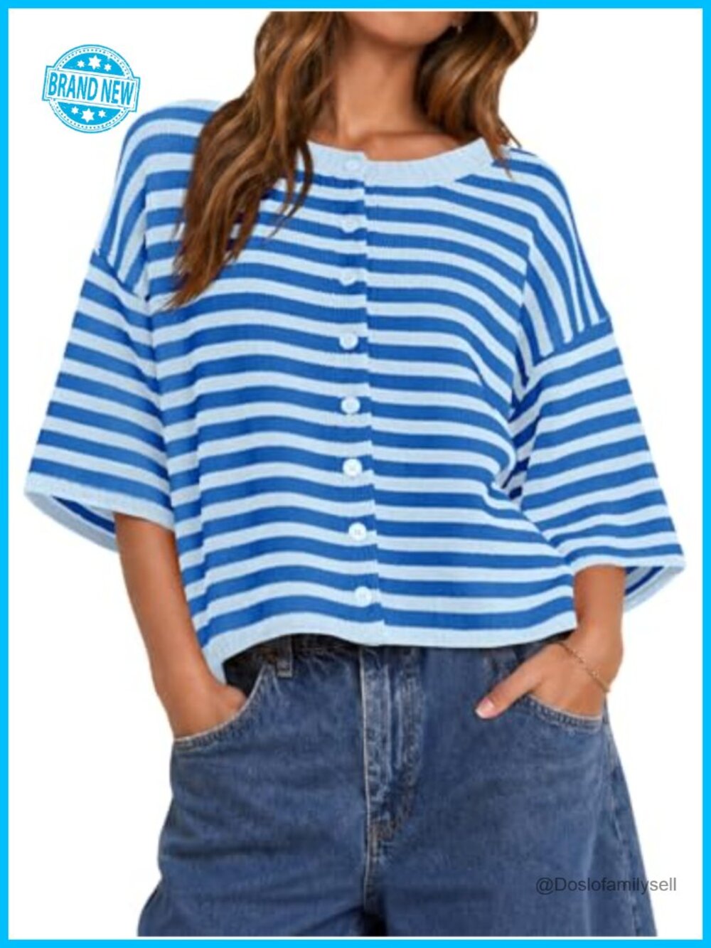 Women's Short Sleeve Striped Button Down Cropped Cardigan Lightweight Knit